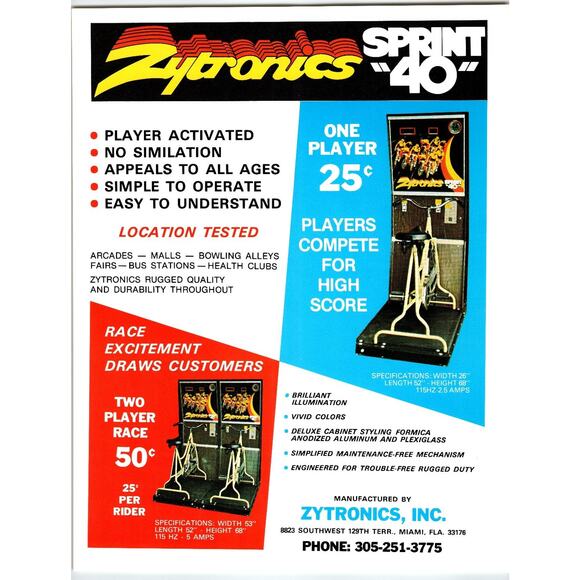 Vintage Zytronics Sprint 40 Arcade Flyer 1970s Miami Game Promo - Picture 1 of 2